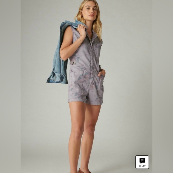 LUCKY BRAND x LAURA ASHLEY PRINTED FLORAL COVERALL SHORT IN SPRING PURPLE - Picture 2 of 10